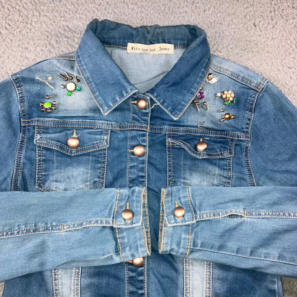 Embellished Beaded Denim Jacket Womens XL Blue Y2K indie Boho Chic Statement